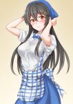  1girl anti_(untea9) apron black_hair blue_apron blush breasts brown_eyes checkered_apron checkered_clothes commentary_request employee_uniform gingham_apron gingham_clothes hair_ornament hairclip haruna_(kancolle) haruna_kai_ni_(kancolle) headscarf highres kantai_collection kobeya_uniform long_hair looking_at_viewer medium_breasts plaid_apron plaid_clothes pleated_shirt smile solo waitress yellow_background 