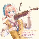  1boy blue_eyes commentary_request eiyuu_densetsu elliot_craig hair_between_eyes highres holding holding_instrument holding_violin instrument koyagistock male_focus open_mouth orange_hair playing_violin ponytail sen_no_kiseki_(series) sen_no_kiseki_iii simple_background vest violin yellow_vest 