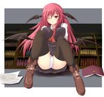  bad_id bad_pixiv_id bat_wings black_legwear blush book bookshelf breasts efe face head_wings koakuma large_breasts leaning_back library long_hair necktie panties pantyshot red_eyes red_hair solo thighhighs touhou underwear voile wince wings 