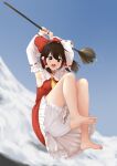  1girl ascot barefoot bloomers blue_sky bow breasts broom brown_eyes brown_hair commentary day detached_sleeves doge_(jkdoge) frilled_bow frilled_hair_tubes frilled_skirt frills hair_bow hair_tubes hakurei_reimu highres long_hair open_mouth outdoors red_bow red_skirt ribbon-trimmed_sleeves ribbon_trim sideboob skirt skirt_set sky soles solo toes touhou upskirt variant_set white_bloomers yellow_ascot 