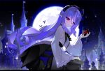  1girl alcohol bat_(animal) bent_over black_nails black_skirt building castle center_frills commentary cup drill_hair drill_sidelocks drinking_glass frills from_side full_moon hairband highres holding holding_cup long_hair long_sleeves looking_at_viewer moon night pointy_ears purple_hair purple_hairband red_eyes red_wine shirt sidelocks skirt sky solo standing tastydangoo turning_head untranslatable_commentary vivian_banshee white_sleeves wide_sleeves wine wine_glass zenless_zone_zero 