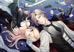  1boy 1girl blonde_hair card casino commentary_request dress eye_mask gem gloves half_eye_mask henri_lambert hetero highres iritani_ryouya jewelry liliana_adornato looking_at_viewer mask mullet necklace necktie on_table pearl_(gemstone) pearl_necklace piofiore_no_bansho poker poker_chip shirt strapless strapless_dress table white_gloves 
