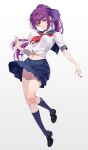  1girl absurdres black_shoes blue_sailor_collar blue_skirt blue_socks breasts commentary_request fate/grand_order fate_(series) full_body hair_between_eyes hair_ribbon highres kneehighs large_breasts loafers long_hair looking_at_viewer mukunokino_isshiki navel neckerchief ponytail purple_hair purple_ribbon red_eyes ribbon sailor_collar scathach-skadi_(fate) scathach_(fate) shirt shoes short_sleeves skirt socks solo white_shirt 