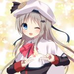  1girl :d ;d bat_hair_ornament beret black_jacket blue_eyes blush bow bowtie cape commentary double_v floating_hair grey_hair hair_ornament hands_up hat highres jacket little_busters! little_busters!_school_uniform long_hair long_sleeves looking_at_viewer maple_0126 noumi_kudryavka one_eye_closed open_mouth parted_bangs pink_bow pink_bowtie school_uniform sidelocks simple_background smile solo sparkle upper_body v very_long_hair white_cape white_hat yellow_background 