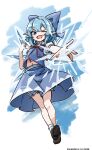  1girl :d ;d absurdres bloomers blue_background blue_bow blue_eyes blue_hair blue_skirt blue_vest blush bow brown_shoes chinese_commentary cirno collared_shirt commentary_request dated double-parted_bangs full_body hair_bow hand_up highres ice ice_wings looking_at_viewer midriff_peek mixed-language_commentary navel neck_ribbon one-hour_drawing_challenge one_eye_closed open_mouth outline outstretched_arm pointy_ears red_ribbon ribbon shirt shoes short_hair short_sleeves skirt skirt_set smile socks solo standing touhou ve1024 vest white_bloomers white_outline white_shirt white_socks wings 