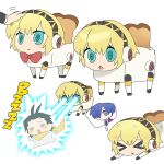  >_< 1boy 1girl aigis_(persona) aigis_(toaster)_(persona) aqua_eyes black_hair blonde_hair blue_hair bread closed_eyes commentary_request eye_beam food grey_eyes hairband hand_on_another's_head headpat korean_commentary looking_at_another lying mochizuki_ryouji mole mole_under_eye multiple_views nt_26 on_stomach open_mouth persona persona_3 robot scarf short_hair simple_background speech_bubble standing thought_bubble toaster white_background yellow_scarf yuuki_makoto_(persona_3) 