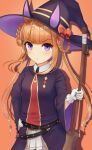  1girl animal_ears black_necktie black_robe blush braid braided_hair_rings broom brown_hair cloak closed_mouth collared_shirt commentary_request frown gloves hair_rings hat hat_with_ears highres holding holding_broom horse_ears horse_girl long_hair looking_at_viewer necktie nonbirinon223 open_cloak open_clothes purple_eyes red_sweater_vest robe shirt skirt solo sweater_vest sweep_tosho_(platanus_witch)_(umamusume) sweep_tosho_(umamusume) twintails umamusume white_gloves white_shirt white_skirt witch_hat 