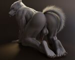3d_(artwork) 5:4 5_toes all_fours anthro anus backsack balls blaidd_(elden_ring) butt canid canine canis digital_media_(artwork) elden_ring erection feet fingers fromsoftware fur genitals hi_res humanoid_feet humanoid_genitalia humanoid_penis looking_back male mammal no-name-no-problem nude penis plantigrade simple_background soles solo tail toes wolf