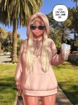  1girl artist_name blonde_hair blue_eyes brittany_(fellatrix) commentary cup dark-skinned_female dark_skin day disposable_cup english_commentary english_text fellatrix fingernails grass highres holding holding_cup hood hoodie long_fingernails long_hair original outdoors photo_background pink_hoodie solo speech_bubble sunglasses tree white_nails 