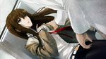  :o belt blue_eyes brown_hair dutch_angle game_cg grabbing huke jacket labcoat makise_kurisu necktie official_art open_mouth pants pantyhose red_neckwear shirt solo_focus steins;gate 