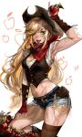  absurdres apple applejack applejack_(equestria_girls) arm_up bandana belt belt_buckle black_vest blonde_hair blush boots breasts brown_belt brown_hat buckle cleavage commentary cowboy_boots cowboy_hat cowboy_shot cowgirl_(western) cropped_shirt denim denim_shorts elizaaliorr fingerless_gloves food fruit gloves green_eyes hand_on_own_thigh hat highres holding holding_food holding_fruit long_hair medium_breasts muscular muscular_female my_little_pony my_little_pony:_friendship_is_magic navel open_mouth red_bandana red_gloves rope shadow shirt shorts simple_background sleeveless smile thick_thighs thighs toned toned_female tongue untranslatable_commentary very_long_hair vest white_shirt 