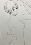  1girl arm_up ass blush breasts closed_mouth commentary_request completely_nude covering_breasts covering_privates cowboy_shot curvy from_behind greyscale hand_up highres large_breasts looking_at_viewer looking_back monochrome nude original pen_(medium) photo_(medium) short_hair sketch solo standing traditional_media turning_head wispy_bangs yoshimizm 