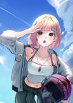  1girl :o absurdres ace_combat ace_combat_8 breasts cleavage collarbone commentary helmet highres jacket jewelry looking_at_viewer multicolored_hair navel necklace open_mouth outdoors solo sweat tasha_(ace_combat) white_jacket yawww_(yawwwart) 