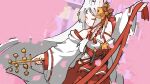  1girl absurdres ahoge animal_ears bell cherry_blossoms closed_eyes clothing_cutout commentary_request detached_sleeves hair_bell hair_ornament hair_ribbon highres japanese_clothes kimono korean_commentary long_hair official_alternate_costume pink_background ran_(trickcal) red_kimono red_skirt ribbon skirt solo standing star_(symbol) teuchinsae thigh_cutout trickcal very_long_hair white_hair wide_sleeves wolf_ears wolf_girl 