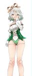  1girl ass_visible_through_thighs bare_shoulders braid cecilia_immergreen cecilia_immergreen_(1st_costume) colored_inner_hair commentary corset covering_own_mouth cowboy_shot cross-laced_clothes cross-laced_corset detached_collar detached_sleeves doll doll_joints double-parted_bangs frilled_panties frills green_corset green_eyes green_hair green_panties grey_hair hair_between_eyes highres hololive hololive_english joints long_sleeves multicolored_hair no_pants panties puffy_long_sleeves puffy_sleeves shirt short_hair side_braid simple_background single_braid skaarl_(artist) sleeveless sleeveless_shirt solo strapless strapless_shirt underwear untranslatable_commentary virtual_youtuber white_background white_shirt white_sleeves winding_key 