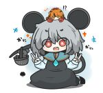  !? +++ 1girl :d animal animal_ears animal_on_head animalization basket black_hair blue_capelet blush capelet chibi commentary_request crab double_v dress grey_dress hair_between_eyes highres holding holding_with_tail jitome long_sleeves mouse_(animal) mouse_ears mouse_girl mouse_tail multicolored_hair nazrin on_head orange_eyes orange_hair prehensile_tail puffy_long_sleeves puffy_sleeves red_eyes sea_urchin shadow shirt short_eyebrows sleeves_past_wrists smile sparkle streaked_hair tail thick_eyebrows toramaru_shou touhou uni_souchou v white_shirt 
