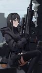  1girl absurdres anti-materiel_rifle black_coat black_gloves black_hair black_jacket black_thighhighs city coat gepard_gm6_lynx gloves gun handgun highres holster hood hooded_jacket jacket long_hair magazine_(weapon) original outdoors renakohii rifle scope smile sniper_rifle suppressor thigh_holster thigh_strap thighhighs weapon 