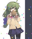  1girl ahoge black_pantyhose blazer blue_bow blue_skirt bow brown_jacket chi_chi_(lofter_2016543390) chinese_commentary clannad commentary covering_own_mouth cowboy_shot green_eyes grey_background hair_bow highres holding holding_pillow ibuki_fuuko jacket long_hair looking_at_viewer low-tied_long_hair pantyhose pillow school_uniform sideways_glance skirt solo star-shaped_pillow star_(symbol) two-tone_background white_background yellow_eyes 