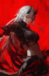  1girl absurdres alpha:_inverse_crown_(pgr) alpha_(pgr) asymmetrical_horns black_horns breasts closed_mouth commentary gi_ra1 grey_hair highres holding holding_sword holding_weapon horns long_hair looking_at_viewer mechanical_arms mechanical_hands medium_breasts mismatched_horns navel outstretched_arm punishing:_gray_raven red_background red_eyes red_horns solo stomach sword weapon 