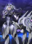  1girl :d absurdres breasts centaur commentary_request cyborg forehead_protector grey_hair hair_between_eyes hair_ornament headgear highres joints large_breasts long_hair looking_at_viewer mecha_musume mechabare mechanical_arms mechanical_legs mechanical_tail misu_(miisuuu) multiple_legs open_mouth punishing:_gray_raven robot_joints rosetta:_arete_(pgr) rosetta_(pgr) see-through_body sidelocks smile solo standing tail taur teeth twintails upper_teeth_only yellow_eyes 