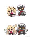  1boy 1girl ahoge billy_kid billy_kid_(starlight) blush bracelet chalky_(zenless_zone_zero) chibi chibi_only cissia_(zenless_zone_zero) clothed_robot commentary fur-trimmed_jacket fur_trim hair_between_eyes hair_ornament hairclip highres horns hue_oo humanoid_robot jacket jewelry motion_blur pom_pom_(clothes) pom_pom_hair_ornament red_eyes red_scarf robot robot_boy scarf simple_background snake snake_girl snake_tail spiked_bracelet spiked_hair spikes tail torn_clothes torn_scarf twitter_username untranslatable_commentary white_background white_hair white_snake yellow_eyes zenless_zone_zero 