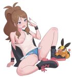  1girl :o afterimage antenna_hair black_boots black_socks blue_eyes blue_shorts boots breasts brown_hair commentary fanning_self hand_up high_ponytail highres hilda_(pokemon) kai-too knees long_hair micro_shorts nipples one_breast_out open_mouth partially_visible_vulva pokemon pokemon_(creature) pokemon_black_and_white ponytail raised_inner_eyebrows shirt shorts sidelocks socks spread_legs strap_slip tepig uncensored white_shirt wristband 