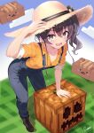  1girl absurdres bent_over blush breasts brown_eyes brown_hair cleavage commentary_request curio_(curiofinity) full_body hat highres hololive long_hair looking_at_viewer matsurisu minecraft natsuiro_matsuri open_mouth orange_shirt overalls shirt side_ponytail sleeves_rolled_up small_breasts smile solo straw_hat sweat virtual_youtuber 