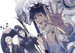  2girls 3boys adjusting_scarf black_hair blue_scarf brown_eyes clenched_hand commentary_request cursed_spirit_(jujutsu_kaisen) facial_mark green_hair hand_up high_ponytail highres holding holding_polearm holding_sword holding_weapon inumaki_toge jacket jewelry jujutsu_kaisen jujutsu_tech_uniform long_hair looking_at_viewer multiple_boys multiple_girls okkotsu_yuta open_mouth orimoto_rika panda_(jujutsu_kaisen) polearm ponytail red_eyes ring round_eyewear scarf sharp_teeth simple_background spiked_hair sword teeth twitter_username upper_teeth_only w55674570w weapon white_background white_hair white_jacket yellow_eyes zen'in_maki 