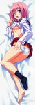  1girl absurdres ass barefoot bed_sheet blush breasts butt_crack dakimakura feet footwear green_eyes highres kuuchuu_yousai legs lying makai_tenshi_djibril makai_tenshi_djibril_4 makai_tenshi_jibril makai_tenshi_jibril_4 midriff no_bra no_shoes on_side one_sock open_mouth panties panty_pull pink_hair saotome_momo school_uniform shirt shirt_lift short_hair single_sock socks solo underboob underwear undressing white_panties 