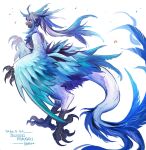  1girl animal_hands artist_name bird_legs black_skin blue_feathers blue_hair colored_skin commentary_request dated digitigrade feather_hair feathered_wings feathers gradient_wings highres hogara multicolored_wings musical_note original partially_feathered_tail red_eyes simple_background solo tail talons white_background winged_arms wings 
