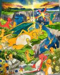  alternate_color arms_behind_head berry_(pokemon) breath_weapon breathing_fire bush charizard charmander charmeleon claws cliff closed_eyes closed_mouth cloud commentary dragon dragon_wings eating egg english_commentary evolutionary_line fangs fire fire_blast_(pokemon) flame-tipped_tail flying food fruit grass head_rest highres holding holding_food holding_fruit lying mofinngram nest no_humans nostrils on_side one_eye_closed open_mouth oran_berry outdoors painting_(medium) pinap_berry pointing pokemon pokemon_(creature) pokemon_egg pokemon_focus pokemon_move rock shiny_and_normal shiny_pokemon signature sky smile sun tail traditional_media unfinished water watercolor_(medium) wings 