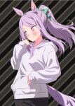  1girl animal_ears aqua_bow black_pants blush bow closed_mouth commentary_request grey_hoodie hair_bow hand_in_pocket highres hood hood_down hoodie horse_ears horse_girl horse_tail long_hair long_sleeves mejiro_mcqueen_(umamusume) pants ponytail purple_eyes purple_hair shinonome_sakura solo tail umamusume 