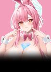  1girl :i absurdres aemeath_(wuthering_waves) ahoge alternate_breast_size_(larger) alternate_costume animal_ear_hairband animal_ears blush bow bowtie breasts censored closed_mouth commentary fake_animal_ears fingernails hairband hands_up highres huge_breasts long_fingernails long_hair looking_at_viewer m_(1n910) nail_polish nipples nude orange_eyes paid_reward_available pink_bow pink_bowtie pink_hair pink_nails ponytail rabbit_ear_hairband rabbit_ears simple_background smile solo star-shaped_pupils star_(symbol) symbol-shaped_pupils tacet_mark_(wuthering_waves) untranslatable_commentary upper_body white_background wuthering_waves 
