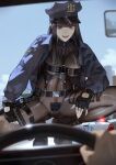  1girl black_bodysuit black_gloves black_hair bodysuit boots breasts collar covered_nipples fingerless_gloves glock gloves grey_eyes groin_tendon gun handgun hat highres jacket kaoming large_breasts long_hair looking_at_viewer navel new_york_city_police_department open_mouth original paid_reward_available peaked_cap police police_hat police_uniform policewoman pov skin_tight solo spread_legs squatting stomach teeth thigh_strap upper_teeth_only weapon yokosuka_mai 