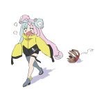  1girl aqua_eyes aqua_hair bow-shaped_hair bramblin character_hair_ornament commentary_request exhausted eyelashes full_body hair_ornament highres iono_(pokemon) jacket kaiyumaguro long_hair long_sleeves magnemite motion_lines multicolored_hair open_mouth oversized_jacket pink_hair pokemon pokemon_(creature) pokemon_scarlet_and_violet puff_of_air rolling saliva shadow sharp_teeth simple_background teeth two-tone_hair upper_teeth_only walking white_background yellow_jacket 