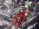  1girl 2000s_(style) blue_eyes bow bracelet breasts cleavage cleavage_cutout closed_mouth clothing_cutout dress dutch_angle elbow_gloves elixir_rose frown game_asset gema_(mahou_senshi) gloves green_hair hair_ribbon headdress holding holding_sword holding_weapon jewelry kagashima_itsuki long_hair magical_girl mahou_senshi_(series) mahou_senshi_elixir_knights medium_breasts monster night non-web_source official_art outdoors pointy_ears red_dress ribbon saitou_natsuki self-datamine solo solo_focus sword tongue variant_set very_long_hair visual_novel_cg weapon 
