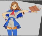  1girl art_program_in_frame ascot blue_capelet blue_eyes blue_skirt blue_thighhighs book brown_hair capelet castlevania:_portrait_of_ruin castlevania_(series) charlotte_aulin chomo_(kdeko) cowboy_shot hand_on_own_hip long_hair looking_at_viewer miniskirt open_book open_mouth outstretched_arm red_ascot shirt short_sleeves skirt smile solo standing thighhighs white_shirt wristband zettai_ryouiki 