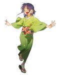  1girl 3headed_otaku blush closed_eyes commentary fate/samurai_remnant fate_(series) highres japanese_clothes kimono medium_hair ogasawara_kaya purple_hair simple_background skipping slippers smile solo white_hair yukata 