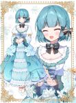  1girl :d animal_ears aqua_dress aqua_hair aqua_overskirt black_bow black_bowtie blush bob_cut border bow bowtie braid brooch cat_ears closed_eyes closed_mouth commentary_request commission dress frilled_dress frilled_sleeves frills full_body jewelry juliet_sleeves long_dress long_sleeves multi-source_commentary multiple_views omuretsu open_mouth original ornate_border own_hands_clasped own_hands_together puffy_sleeves raised_eyebrows shoes short_hair side_braids skeb_commission smile watermark white_dress white_shoes white_sleeves 