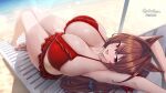  1girl :d animal_ears armpits arms_up beach bikini bow breasts brown_hair chair commentary_request commission daiwa_scarlet_(mini_vacation)_(umamusume) daiwa_scarlet_(umamusume) day english_commentary hair_between_eyes hair_ornament hair_scrunchie herohero_(higashi_no_dou) horse_ears horse_girl horse_tail huge_breasts lens_flare long_hair looking_at_viewer lounge_chair low-tied_long_hair lying ocean on_back open_mouth outdoors reclining red_bikini red_bow red_eyes sand scrunchie skeb_commission smile solo swimsuit tail umamusume very_long_hair water 