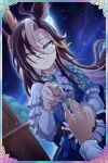  1boy 1girl alternate_costume animal_ear_fluff animal_ears black_hair blue_eyes blue_gem dream_journey_(umamusume) eyewear_strap fake_screenshot frills gem glasses grey_hair greyros_(gixcraftwork) hand_grab highres holding holding_jewelry holding_ring horse_ears horse_girl jewelry long_hair long_sleeves looking_at_viewer marriage_proposal multicolored_hair night outdoors pov pov_hands rainbow_border ring role_reversal single_hair_intake slit_pupils umamusume wedding_ring 