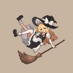  1girl apron back_bow black_hat black_shoes black_skirt black_vest blonde_hair bow braid broom brown_background commentary_request dotebox full_body hair_bow hat hat_bow holding holding_broom kirisame_marisa long_hair looking_at_viewer mary_janes open_mouth pixel_art red_bow shoes side_braid simple_background single_braid skirt smile socks solo touhou very_long_hair vest waist_apron white_apron white_bow white_socks witch_hat yellow_eyes 