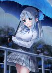  1girl :p akanbe amagai_ruka blue_eyes blue_hair blue_ribbon blue_streaks blurry blurry_foreground blush braid breasts center_frills colored_inner_hair commentary_request depth_of_field eyelid_pull flower frilled_skirt frills gloves grey_hair grey_skirt hair_between_eyes hair_ribbon highres holding holding_umbrella hydrangea large_breasts long_hair long_hair_between_eyes long_sleeves looking_at_viewer miniskirt missing_headwear multicolored_hair neck_ribbon no_jacket outdoors pleated_skirt rain ribbon ribbon_in_braid shirt side_part skirt solo streaked_hair suhiyoru_isu tongue tongue_out umbrella v-shaped_eyebrows virtual_youtuber weather_planet white_gloves white_shirt 