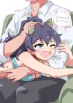  1boy 1girl :d ;d absurdres animal_ears black_hair blush breasts commentary dog_ears fake_animal_ears fang ganaha_hibiki headpat highres idolmaster idolmaster_(classic) long_hair ohgi910 one_eye_closed open_mouth ponytail producer_(idolmaster) sitting smile spoken_object 