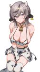  1girl absurdres animal_ears animal_print bell bikini blue_eyes breasts cleavage commentary cow_ears cow_horns cow_print cow_print_bikini cow_print_gloves cow_print_thighhighs fake_animal_ears fake_horns faust_(project_moon) gloves grey_hair highres horns large_breasts limbus_company looking_at_viewer medium_hair midriff miniskirt navel neck_bell print_bikini print_gloves print_thighhighs project_moon simple_background skirt solo swimsuit thighhighs thighs zerobig 