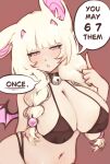  1girl 67_(meme) alternate_costume animal_ear_fluff animal_ears arm_behind_back artist_self-insert bat_ears bat_girl bat_wings bell bikini black_bikini black_collar blairevt braid braided_sidelocks breasts catbat_(blairevt) chestnut_mouth collar commentary covered_nipples droopy_ears english_commentary english_text hair_bobbles hair_ornament highleg highleg_bikini highres huge_breasts indie_virtual_youtuber looking_at_viewer meme navel neck_bell one_ear_down orange_background personification pink_eyes pointing pointing_up presenting_own_body presenting_own_breasts sidelocks solo speech_bubble swimsuit white_hair wings you_may_spank_it_once_(meme) 