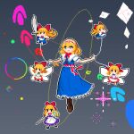  1girl alice_margatroid blonde_hair blue_dress blue_eyes blush boots bow bowtie brown_boots capelet commentary_request dress full_body goliath_doll grey_background hairband highres hourai_doll medium_hair open_mouth pixel_art puppet_strings red_bow red_bowtie red_sash ruru2koichi sash shanghai_doll sword touhou weapon white_capelet wings 