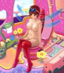  antennae areolae arm_support blush borurun breasts brown_eyes brown_hair crotch_seam flower highres insect_girl large_breasts monster_girl navel nipples original pantyhose pantyhose_pull plant red_legwear short_hair sitting smile solo toilet wings 