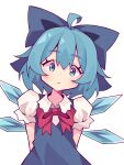  1girl :| absurdres ahoge aqua_eyes aqua_hair arms_behind_back blue_bow blue_dress blue_eyes blue_hair blue_shirt blush bow bowtie cirno closed_mouth commentary corrupted_twitter_file dress hair_bow highres ice ice_wings kazumiskill looking_at_viewer puffy_short_sleeves puffy_sleeves raised_eyebrow red_bow red_bowtie shirt short_hair short_sleeves simple_background solo touhou upper_body white_background wings 