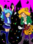  2boys :d aqua_hair arms_up bag bat_(animal) bishoujo_senshi_sailor_moon bishoujo_senshi_sailor_moon_supers blonde_hair blue_jacket blue_shirt blue_skirt blue_thighhighs blush boots bowing candy castle closed_eyes coat collared_shirt commentary_request crescent_moon cropped_jacket crossdressing crossdressing_(mtf) curtained_hair fish_eye_(sailor_moon) food food-themed_background foot_up_heel_up full_body ghost green_coat grey_boots grey_shoes halloween halloween_bucket hamutarou hand_on_own_chest hat high_ponytail holding holding_bag invisible_chair jacket jaggy_lines knee_boots lapels leg_up legs_apart lollipop long_hair long_sleeves male_focus microskirt mini_hat moon moon_with_face multiple_boys notched_lapels open_clothes open_coat open_hands open_mouth outline parted_bangs pink_sky pleated_skirt pointy_ears ponytail pumpkin_hat red_shorts shirt shoes shorts sitting skirt sky smile standing standing_on_one_leg strappy_heels thighhighs three-quarter_sleeves tiger_eye_(sailor_moon) trap two-sided_coat two-sided_fabric white_outline white_trim 